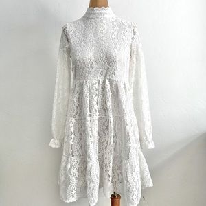 Vintage White Lace Mock Neck Preppy Brunch Classic Lady Feminine Sweet Dress